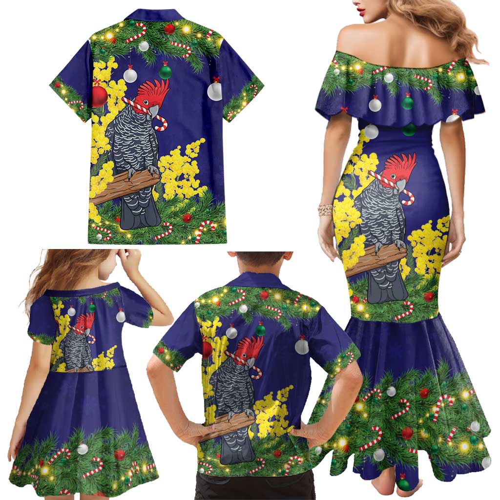 Australia Gang-gang Cockatoo Christmas Family Matching Mermaid Dress and Hawaiian Shirt Callocephalon Fimbriatum Golden Wattle Blue - Aussie Hoodie