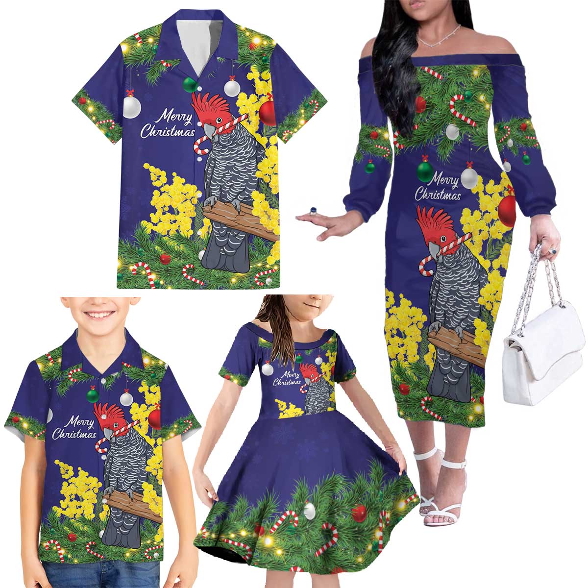 Australia Gang-gang Cockatoo Christmas Family Matching Off The Shoulder Long Sleeve Dress and Hawaiian Shirt Callocephalon Fimbriatum Golden Wattle Blue - Aussie Hoodie