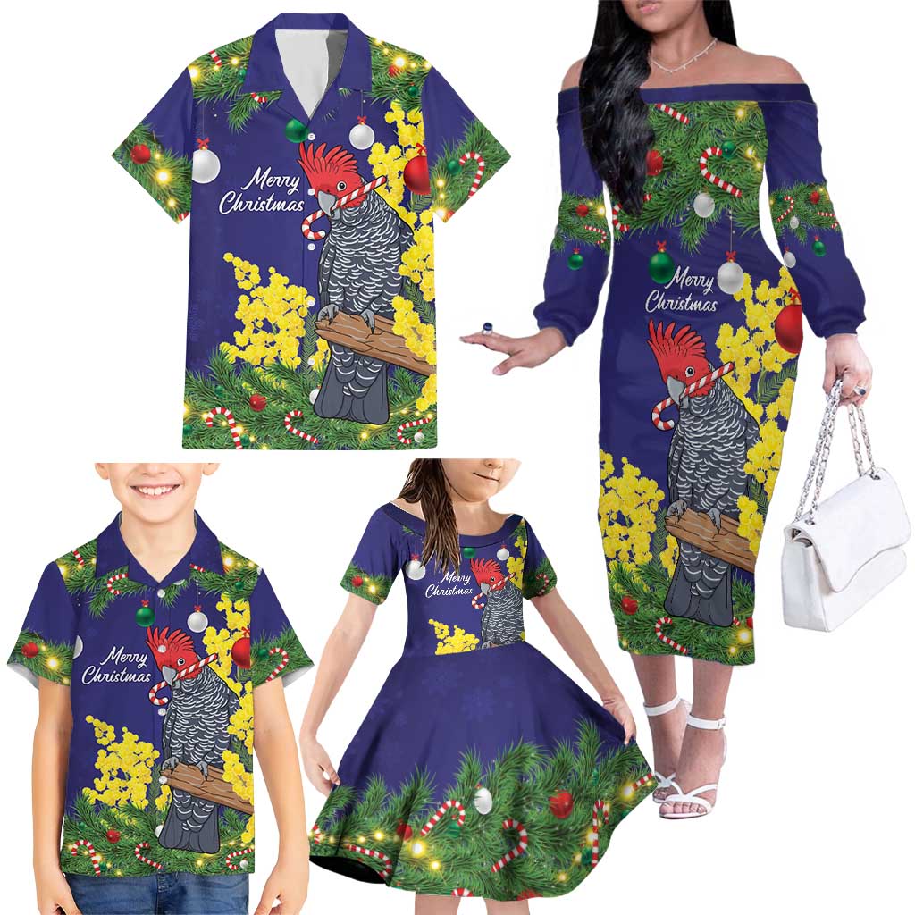 Australia Gang-gang Cockatoo Christmas Family Matching Off The Shoulder Long Sleeve Dress and Hawaiian Shirt Callocephalon Fimbriatum Golden Wattle Blue - Aussie Hoodie