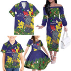Australia Gang-gang Cockatoo Christmas Family Matching Off The Shoulder Long Sleeve Dress and Hawaiian Shirt Callocephalon Fimbriatum Golden Wattle Blue - Aussie Hoodie