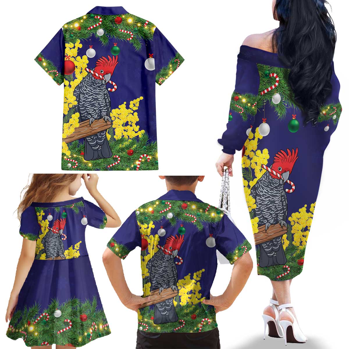 Australia Gang-gang Cockatoo Christmas Family Matching Off The Shoulder Long Sleeve Dress and Hawaiian Shirt Callocephalon Fimbriatum Golden Wattle Blue - Aussie Hoodie