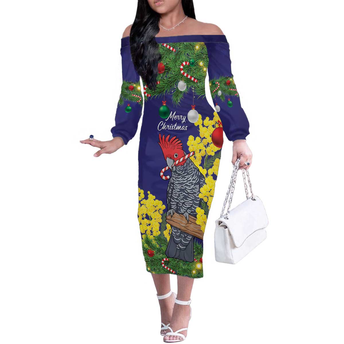 Australia Gang-gang Cockatoo Christmas Family Matching Off The Shoulder Long Sleeve Dress and Hawaiian Shirt Callocephalon Fimbriatum Golden Wattle Blue - Aussie Hoodie