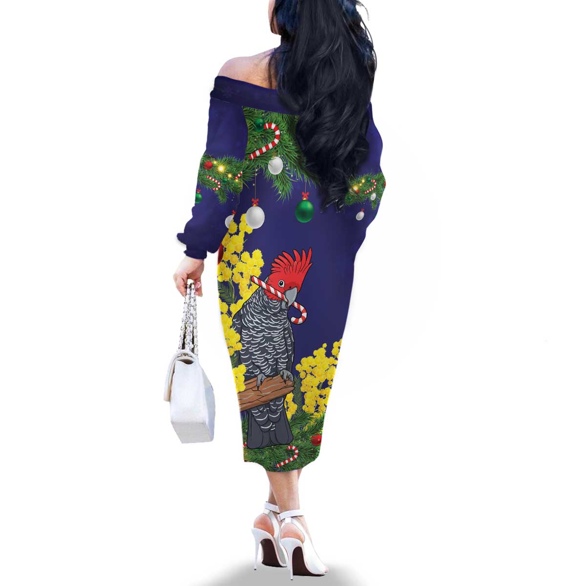 Australia Gang-gang Cockatoo Christmas Family Matching Off The Shoulder Long Sleeve Dress and Hawaiian Shirt Callocephalon Fimbriatum Golden Wattle Blue - Aussie Hoodie
