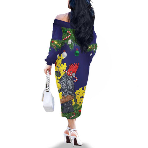 Australia Gang-gang Cockatoo Christmas Family Matching Off The Shoulder Long Sleeve Dress and Hawaiian Shirt Callocephalon Fimbriatum Golden Wattle Blue - Aussie Hoodie