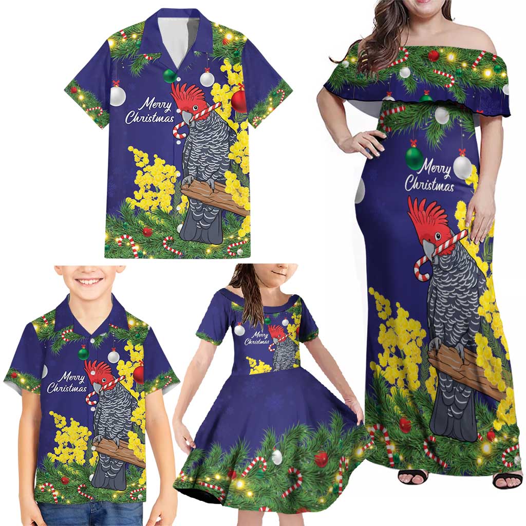 Australia Gang-gang Cockatoo Christmas Family Matching Off Shoulder Maxi Dress and Hawaiian Shirt Callocephalon Fimbriatum Golden Wattle Blue - Aussie Hoodie