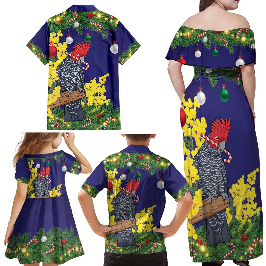 Australia Gang-gang Cockatoo Christmas Family Matching Off Shoulder Maxi Dress and Hawaiian Shirt Callocephalon Fimbriatum Golden Wattle Blue - Aussie Hoodie