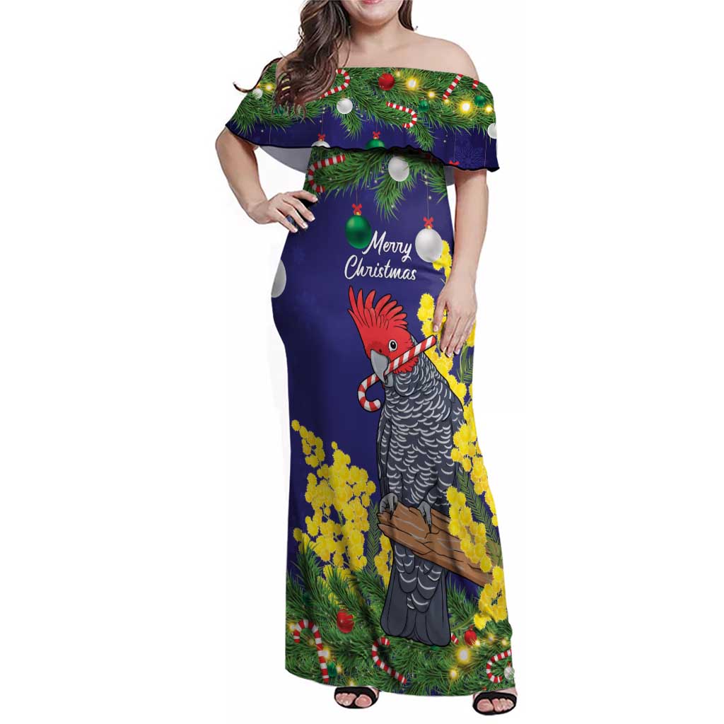 Australia Gang-gang Cockatoo Christmas Family Matching Off Shoulder Maxi Dress and Hawaiian Shirt Callocephalon Fimbriatum Golden Wattle Blue - Aussie Hoodie