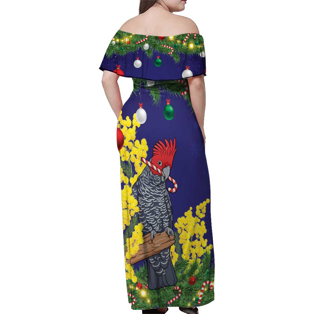 Australia Gang-gang Cockatoo Christmas Family Matching Off Shoulder Maxi Dress and Hawaiian Shirt Callocephalon Fimbriatum Golden Wattle Blue - Aussie Hoodie