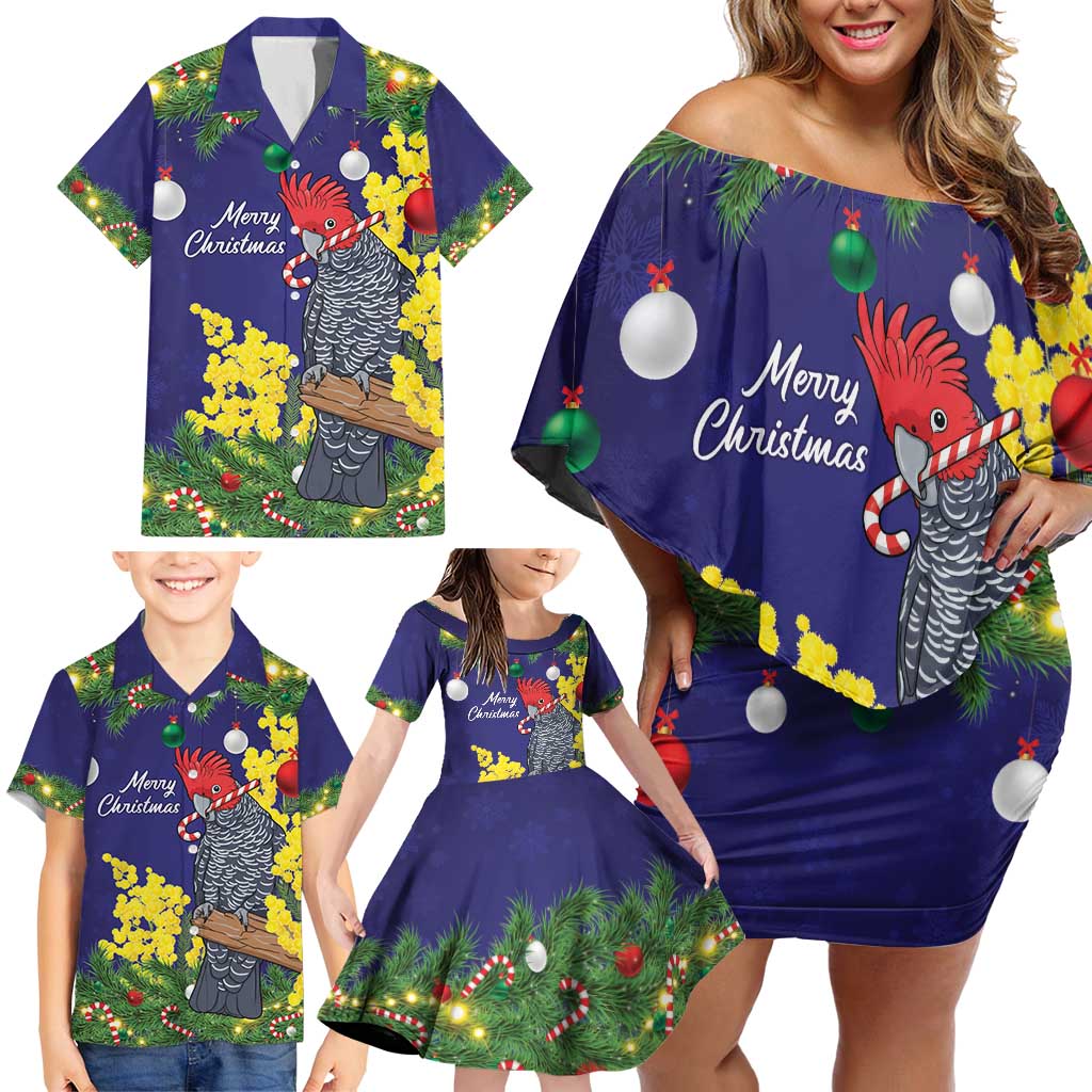 Australia Gang-gang Cockatoo Christmas Family Matching Off Shoulder Short Dress and Hawaiian Shirt Callocephalon Fimbriatum Golden Wattle Blue - Aussie Hoodie