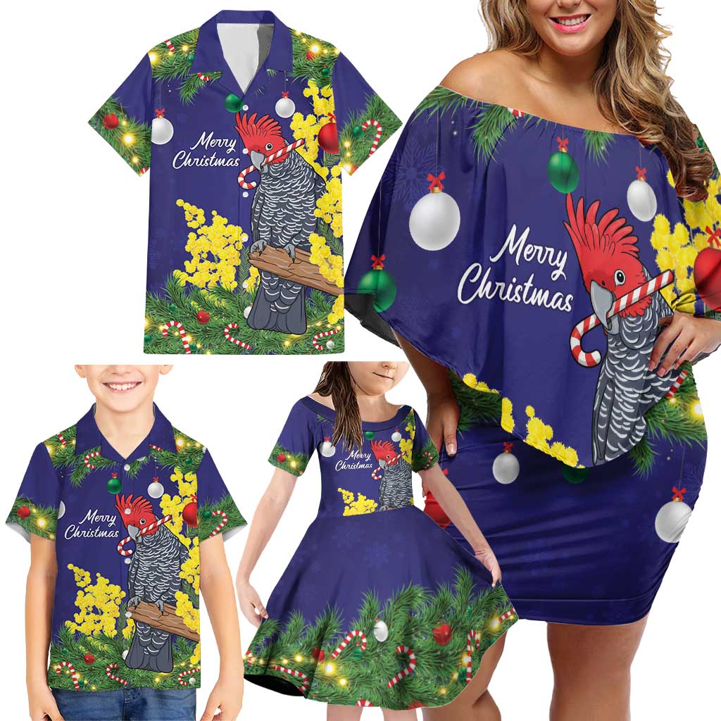 Australia Gang-gang Cockatoo Christmas Family Matching Off Shoulder Short Dress and Hawaiian Shirt Callocephalon Fimbriatum Golden Wattle Blue - Aussie Hoodie
