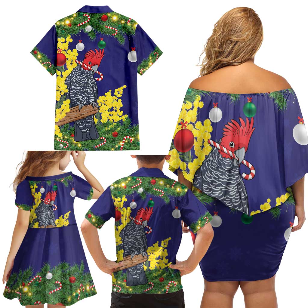 Australia Gang-gang Cockatoo Christmas Family Matching Off Shoulder Short Dress and Hawaiian Shirt Callocephalon Fimbriatum Golden Wattle Blue - Aussie Hoodie