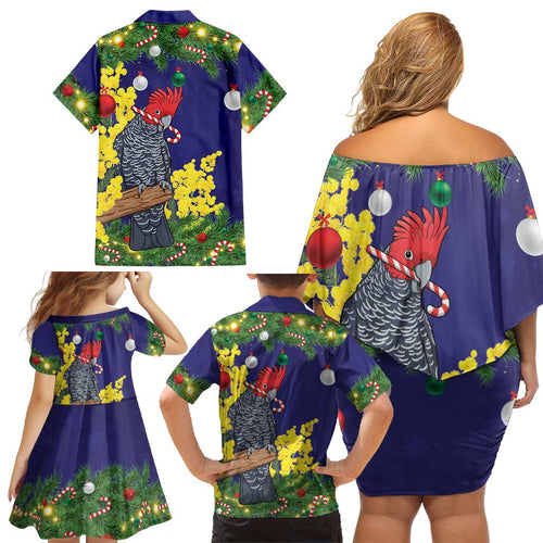 Australia Gang-gang Cockatoo Christmas Family Matching Off Shoulder Short Dress and Hawaiian Shirt Callocephalon Fimbriatum Golden Wattle Blue - Aussie Hoodie