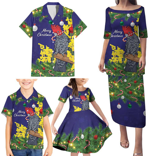 Australia Gang-gang Cockatoo Christmas Family Matching Puletasi and Hawaiian Shirt Callocephalon Fimbriatum Golden Wattle Blue - Aussie Hoodie