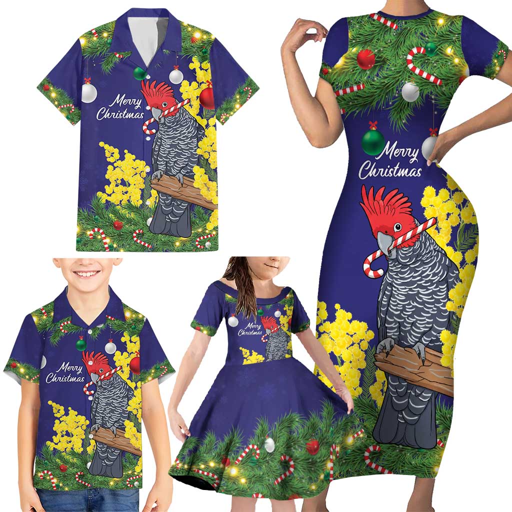 Australia Gang-gang Cockatoo Christmas Family Matching Short Sleeve Bodycon Dress and Hawaiian Shirt Callocephalon Fimbriatum Golden Wattle Blue - Aussie Hoodie