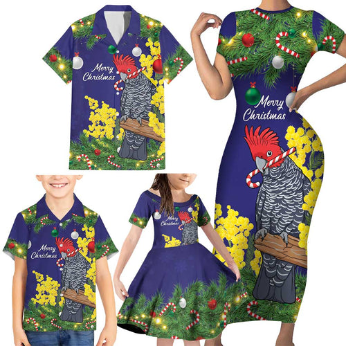 Australia Gang-gang Cockatoo Christmas Family Matching Short Sleeve Bodycon Dress and Hawaiian Shirt Callocephalon Fimbriatum Golden Wattle Blue - Aussie Hoodie