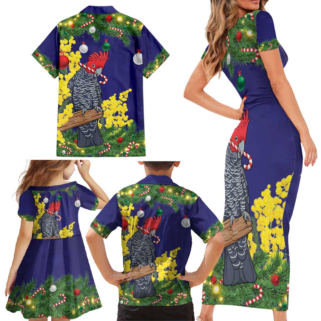Australia Gang-gang Cockatoo Christmas Family Matching Short Sleeve Bodycon Dress and Hawaiian Shirt Callocephalon Fimbriatum Golden Wattle Blue - Aussie Hoodie