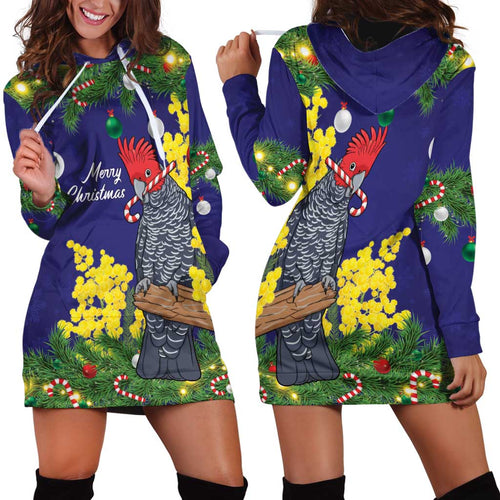 Australia Gang-gang Cockatoo Christmas Hoodie Dress Callocephalon Fimbriatum Golden Wattle Blue - Aussie Hoodie