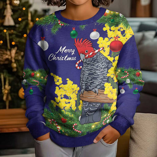 Australia Gang-gang Cockatoo Christmas Kid Ugly Christmas Sweater Callocephalon Fimbriatum Golden Wattle Blue - Aussie Hoodie