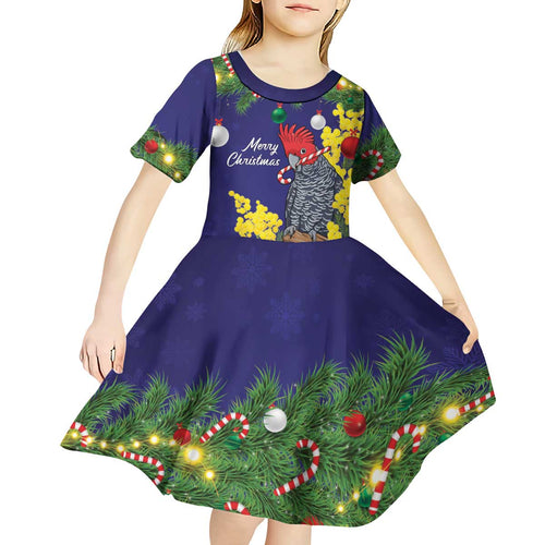 Australia Gang-gang Cockatoo Christmas Kid Short Sleeve Dress Callocephalon Fimbriatum Golden Wattle Blue - Aussie Hoodie