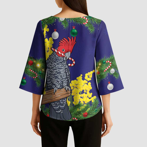 Australia Gang-gang Cockatoo Christmas Kimono Sleeve Blouse Callocephalon Fimbriatum Golden Wattle Blue - Aussie Hoodie