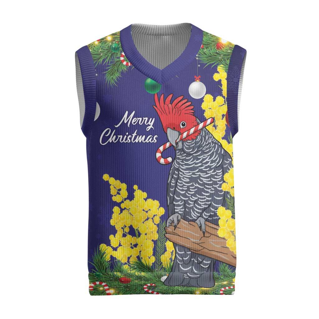 Australia Gang-gang Cockatoo Christmas Knitted V-Neck Vest Callocephalon Fimbriatum Golden Wattle Blue - Aussie Hoodie