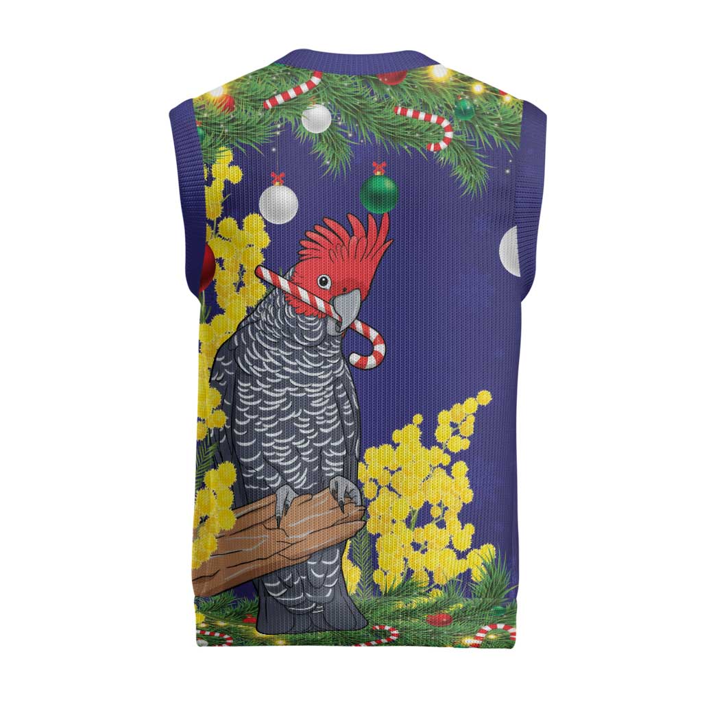 Australia Gang-gang Cockatoo Christmas Knitted V-Neck Vest Callocephalon Fimbriatum Golden Wattle Blue - Aussie Hoodie