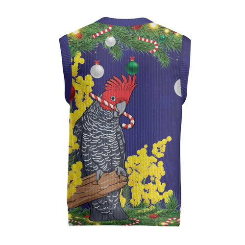 Australia Gang-gang Cockatoo Christmas Knitted V-Neck Vest Callocephalon Fimbriatum Golden Wattle Blue - Aussie Hoodie