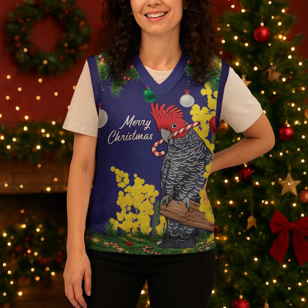Australia Gang-gang Cockatoo Christmas Knitted V-Neck Vest Callocephalon Fimbriatum Golden Wattle Blue - Aussie Hoodie