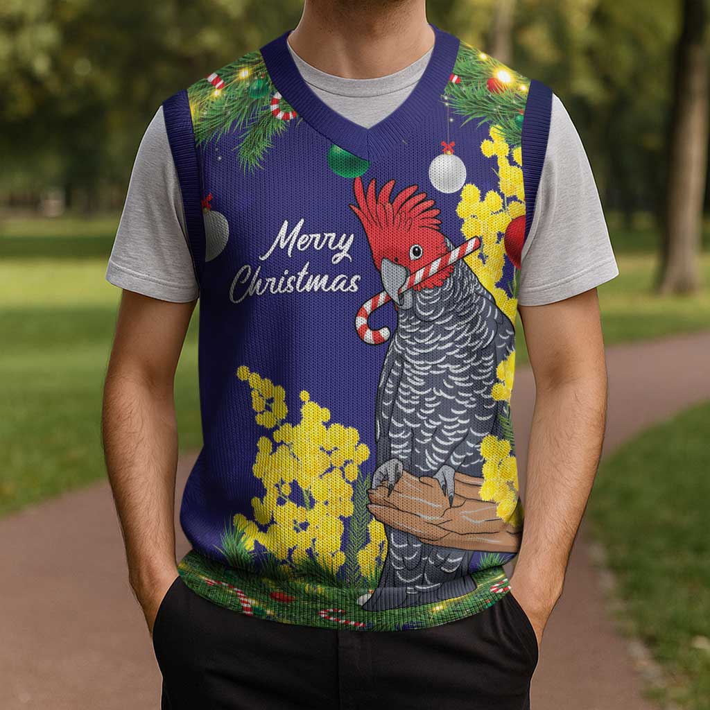 Australia Gang-gang Cockatoo Christmas Knitted V-Neck Vest Callocephalon Fimbriatum Golden Wattle Blue - Aussie Hoodie