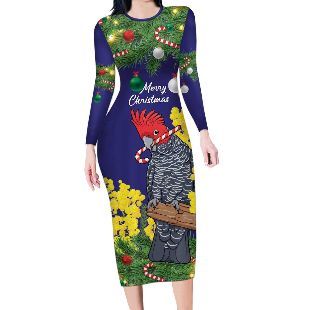 Australia Gang-gang Cockatoo Christmas Long Sleeve Bodycon Dress Callocephalon Fimbriatum Golden Wattle Blue - Aussie Hoodie