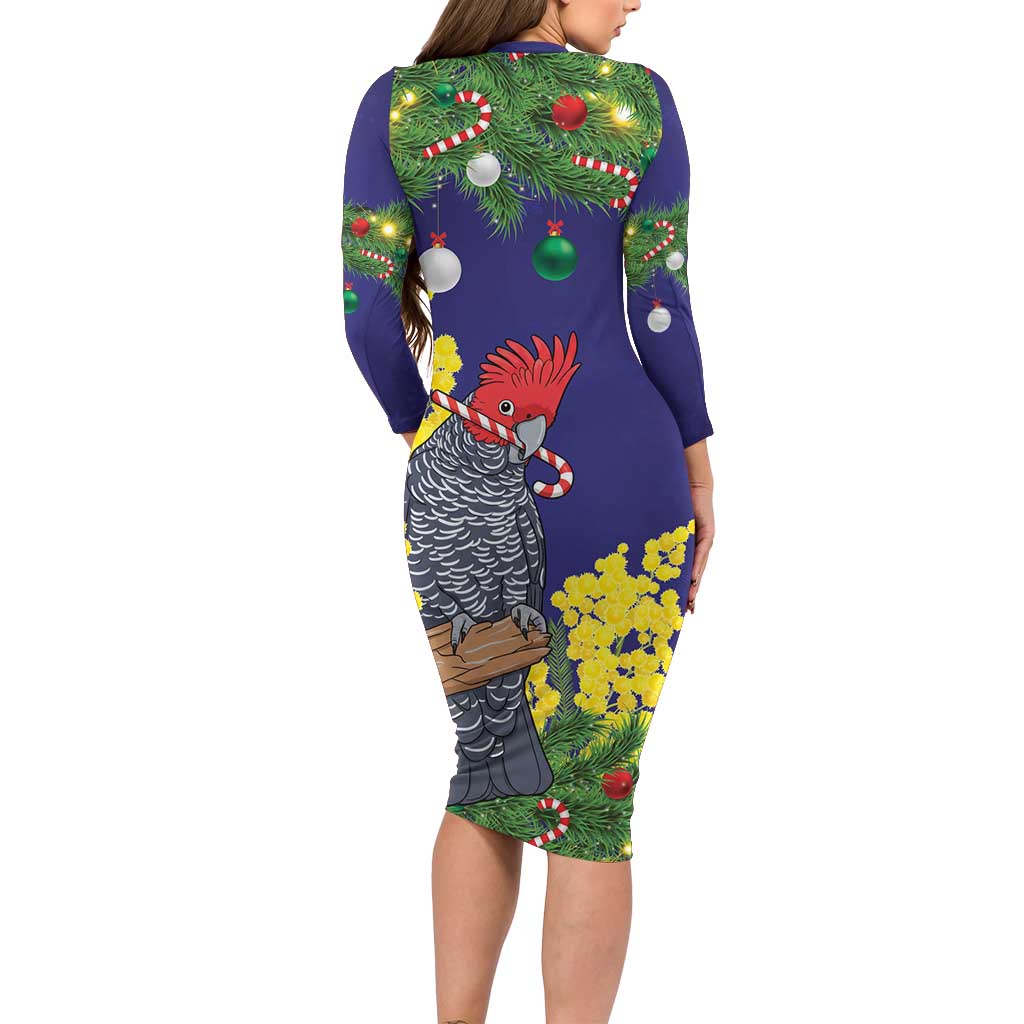 Australia Gang-gang Cockatoo Christmas Long Sleeve Bodycon Dress Callocephalon Fimbriatum Golden Wattle Blue - Aussie Hoodie