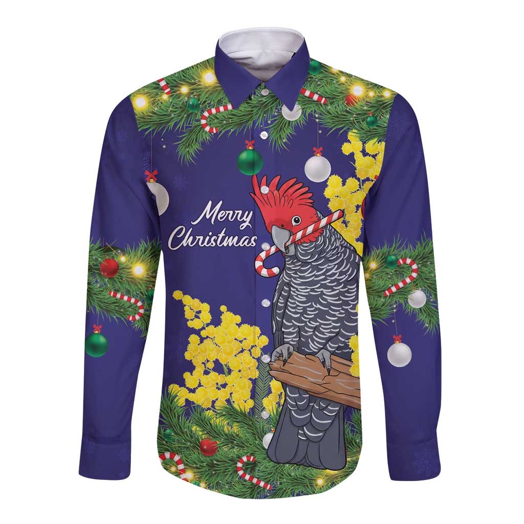 Australia Gang-gang Cockatoo Christmas Long Sleeve Button Shirt Callocephalon Fimbriatum Golden Wattle Blue - Aussie Hoodie