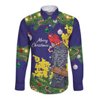 Australia Gang-gang Cockatoo Christmas Long Sleeve Button Shirt Callocephalon Fimbriatum Golden Wattle Blue - Aussie Hoodie