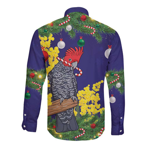 Australia Gang-gang Cockatoo Christmas Long Sleeve Button Shirt Callocephalon Fimbriatum Golden Wattle Blue - Aussie Hoodie