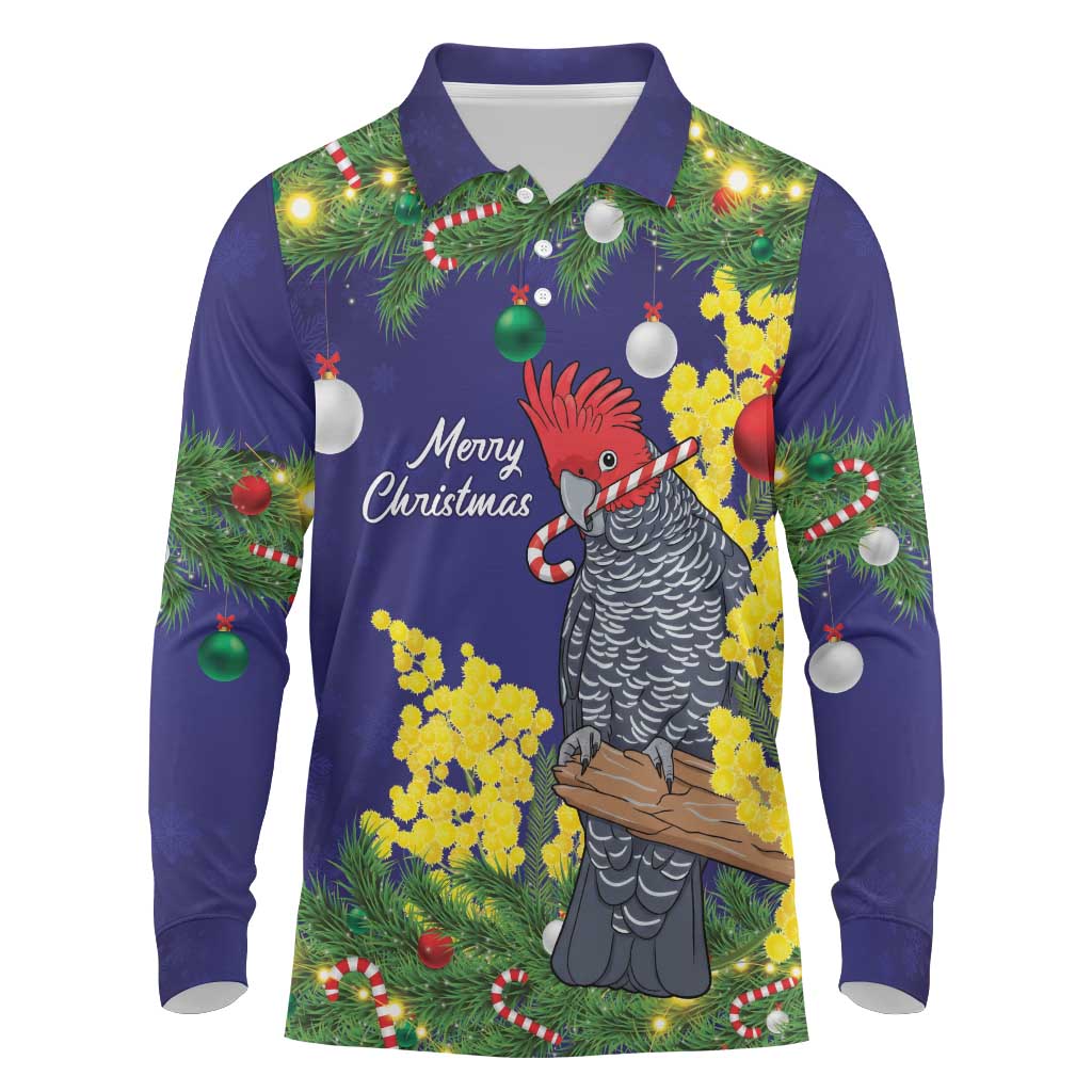 Australia Gang-gang Cockatoo Christmas Long Sleeve Polo Shirt Callocephalon Fimbriatum Golden Wattle Blue - Aussie Hoodie