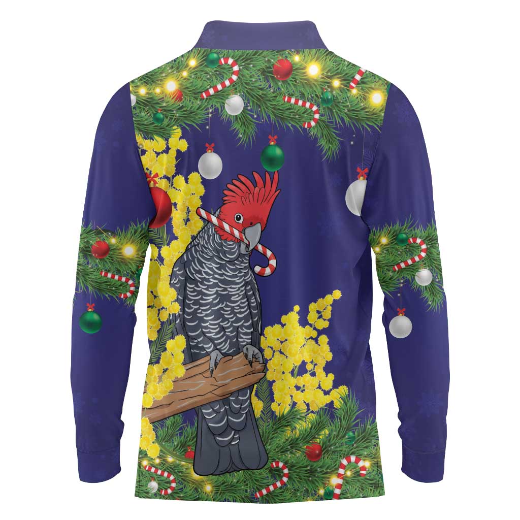 Australia Gang-gang Cockatoo Christmas Long Sleeve Polo Shirt Callocephalon Fimbriatum Golden Wattle Blue - Aussie Hoodie