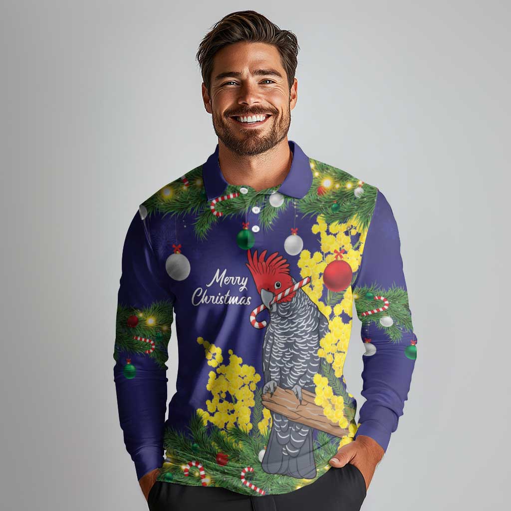 Australia Gang-gang Cockatoo Christmas Long Sleeve Polo Shirt Callocephalon Fimbriatum Golden Wattle Blue - Aussie Hoodie
