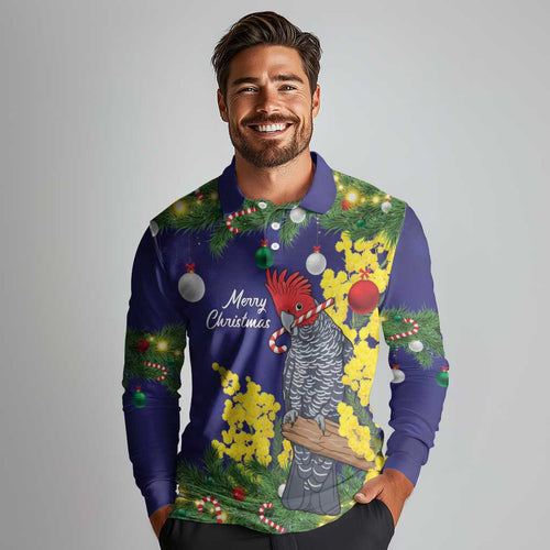 Australia Gang-gang Cockatoo Christmas Long Sleeve Polo Shirt Callocephalon Fimbriatum Golden Wattle Blue - Aussie Hoodie