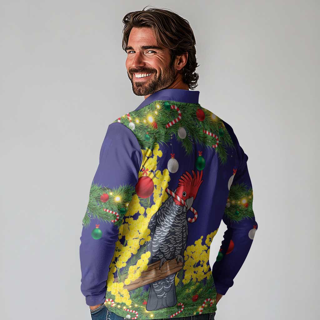 Australia Gang-gang Cockatoo Christmas Long Sleeve Polo Shirt Callocephalon Fimbriatum Golden Wattle Blue - Aussie Hoodie