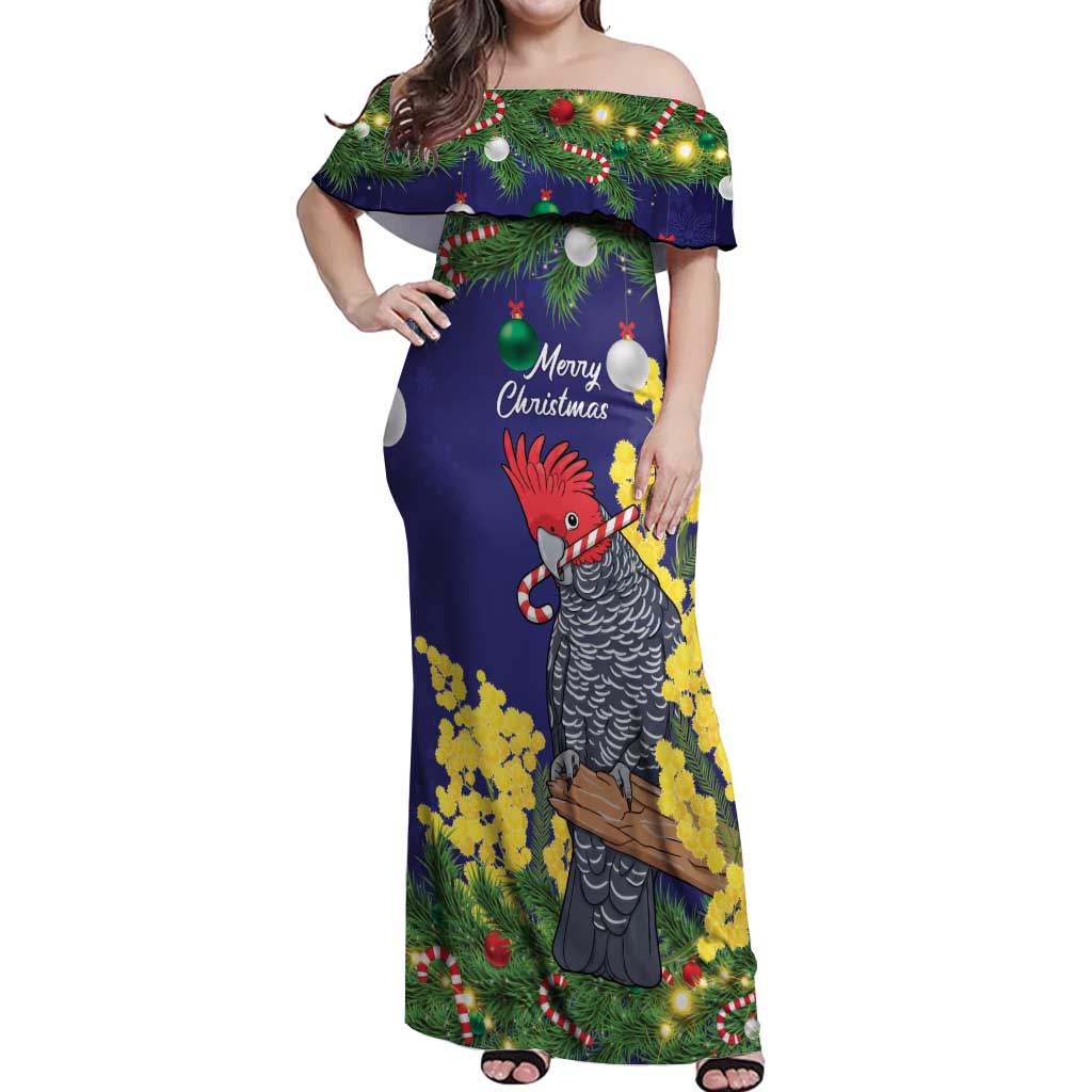 Australia Gang-gang Cockatoo Christmas Off Shoulder Maxi Dress Callocephalon Fimbriatum Golden Wattle Blue - Aussie Hoodie