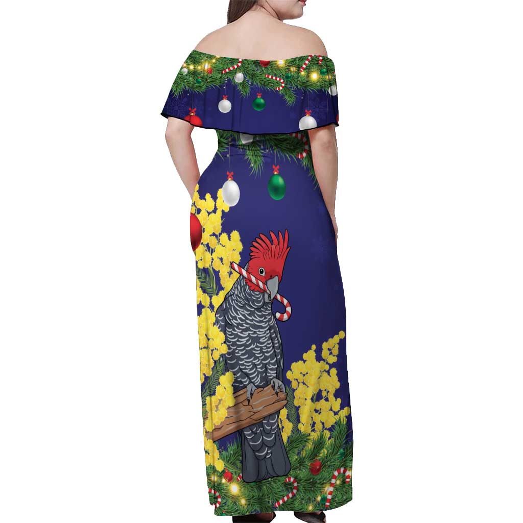 Australia Gang-gang Cockatoo Christmas Off Shoulder Maxi Dress Callocephalon Fimbriatum Golden Wattle Blue - Aussie Hoodie