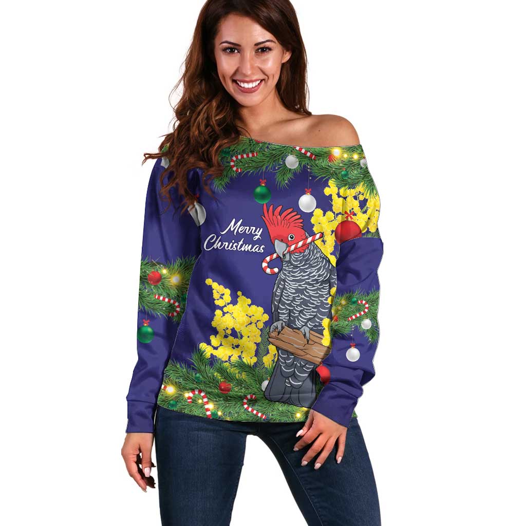 Australia Gang-gang Cockatoo Christmas Off Shoulder Sweater Callocephalon Fimbriatum Golden Wattle Blue - Aussie Hoodie