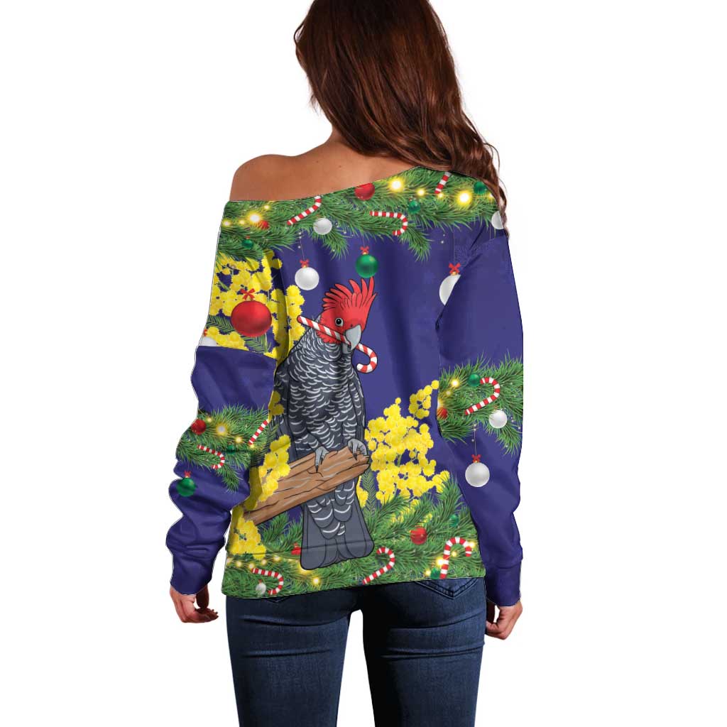 Australia Gang-gang Cockatoo Christmas Off Shoulder Sweater Callocephalon Fimbriatum Golden Wattle Blue - Aussie Hoodie