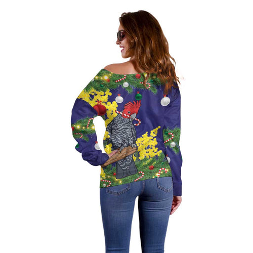 Australia Gang-gang Cockatoo Christmas Off Shoulder Sweater Callocephalon Fimbriatum Golden Wattle Blue - Aussie Hoodie
