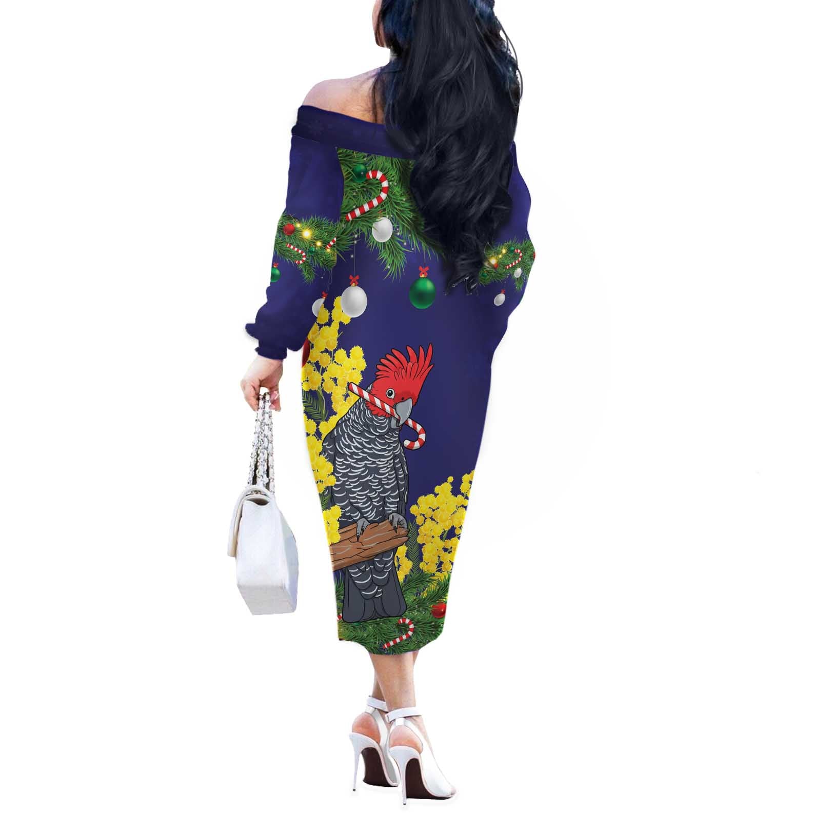 Australia Gang-gang Cockatoo Christmas Off The Shoulder Long Sleeve Dress Callocephalon Fimbriatum Golden Wattle Blue - Aussie Hoodie