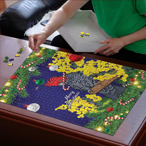 Australia Gang-gang Cockatoo Christmas Puzzle Callocephalon Fimbriatum Golden Wattle Blue - Aussie Hoodie