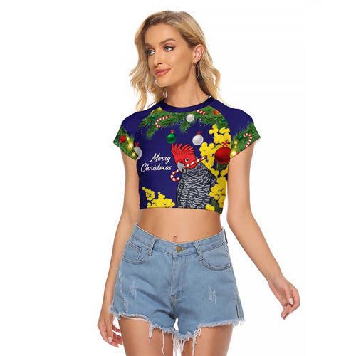 Australia Gang-gang Cockatoo Christmas Raglan Cropped T Shirt Callocephalon Fimbriatum Golden Wattle Blue - Aussie Hoodie