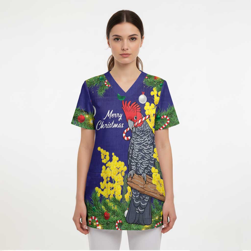 Australia Gang-gang Cockatoo Christmas Scrub Top Callocephalon Fimbriatum Golden Wattle Blue - Aussie Hoodie