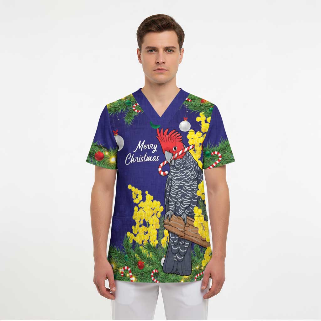 Australia Gang-gang Cockatoo Christmas Scrub Top Callocephalon Fimbriatum Golden Wattle Blue - Aussie Hoodie
