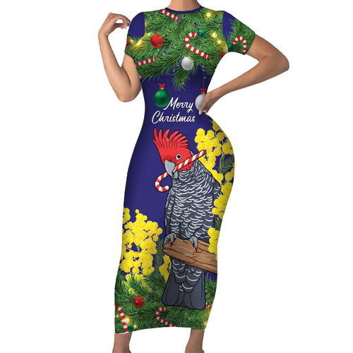 Australia Gang-gang Cockatoo Christmas Short Sleeve Bodycon Dress Callocephalon Fimbriatum Golden Wattle Blue - Aussie Hoodie